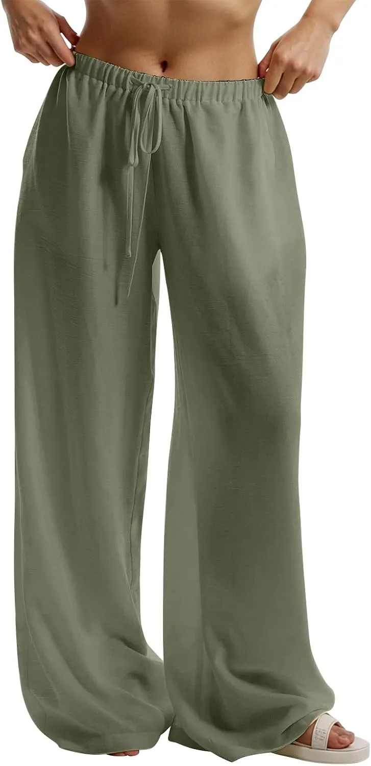 Wide Leg Linen Pants for Women Casual Drawstring Waist Palazzo Pants Lightweight Beach Trousers with Pockets