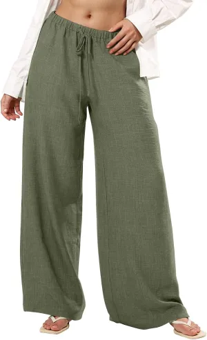 Wide Leg Linen Pants for Women Casual Drawstring Waist Palazzo Pants Lightweight Beach Trousers with Pockets