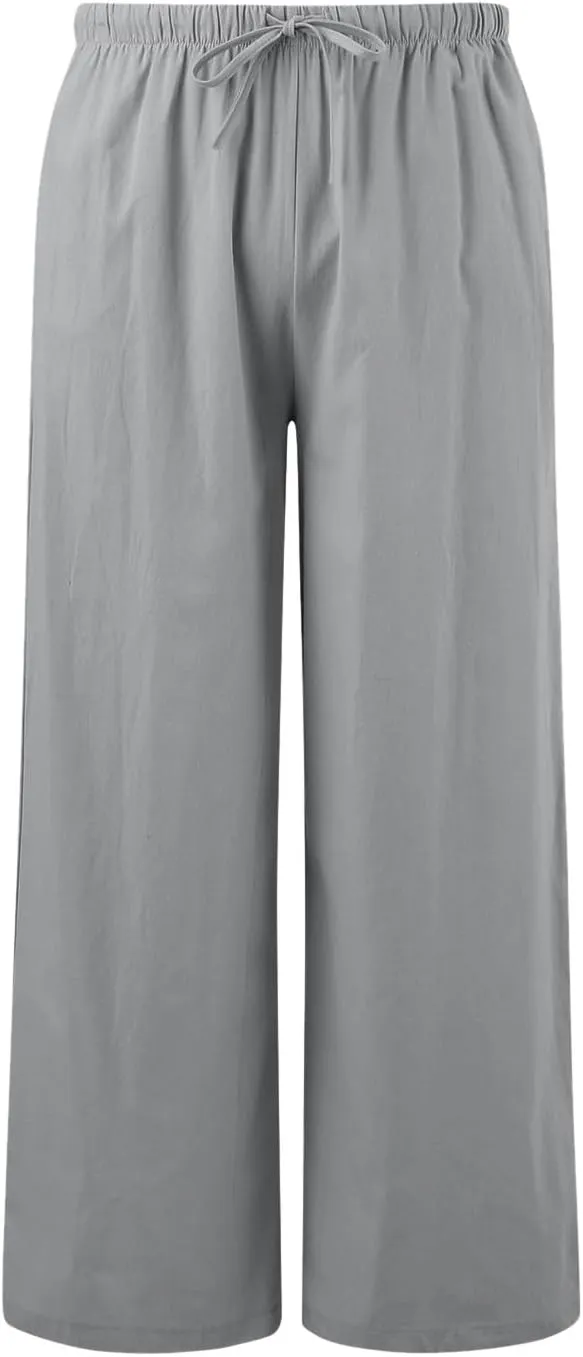 Wide Leg Linen Pants for Women Drawstring High Waisted Linen Palazzo Pants Flowy Comfy Lounge Pants with Pockets