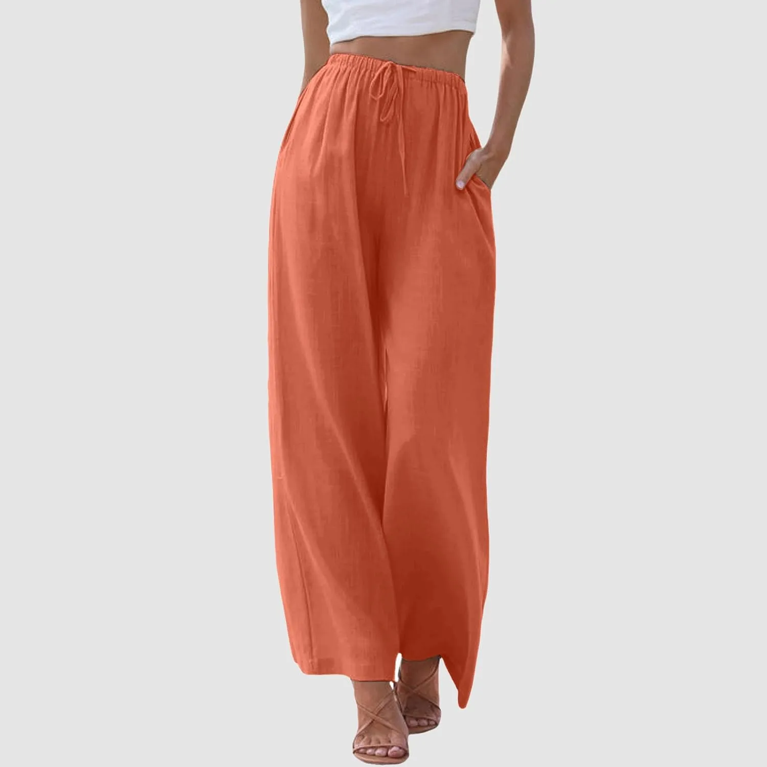 Wide Leg Linen Pants for Women Drawstring High Waisted Linen Palazzo Pants Flowy Comfy Lounge Pants with Pockets