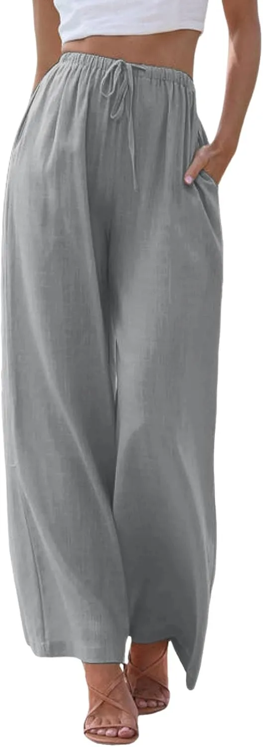 Wide Leg Linen Pants for Women Drawstring High Waisted Linen Palazzo Pants Flowy Comfy Lounge Pants with Pockets