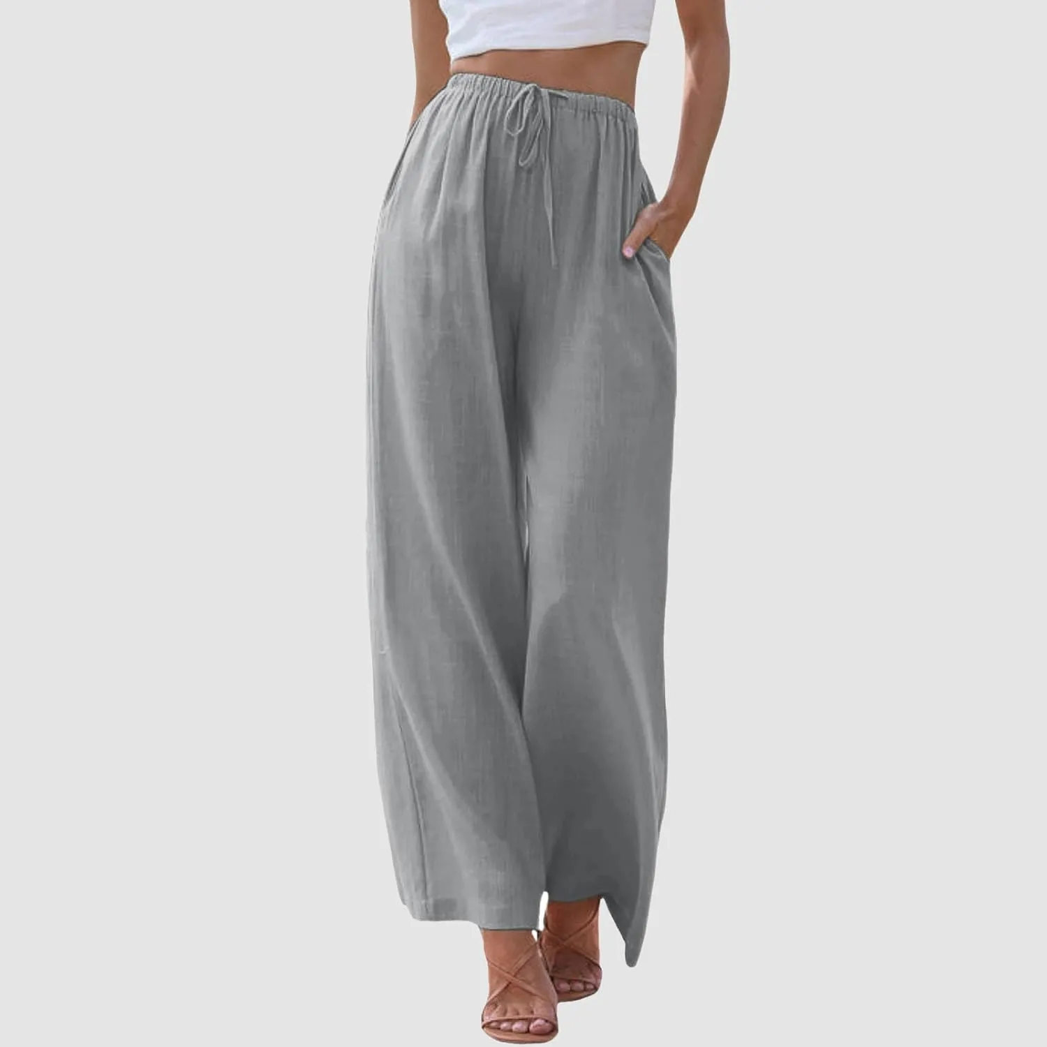 Wide Leg Linen Pants for Women Drawstring High Waisted Linen Palazzo Pants Flowy Comfy Lounge Pants with Pockets