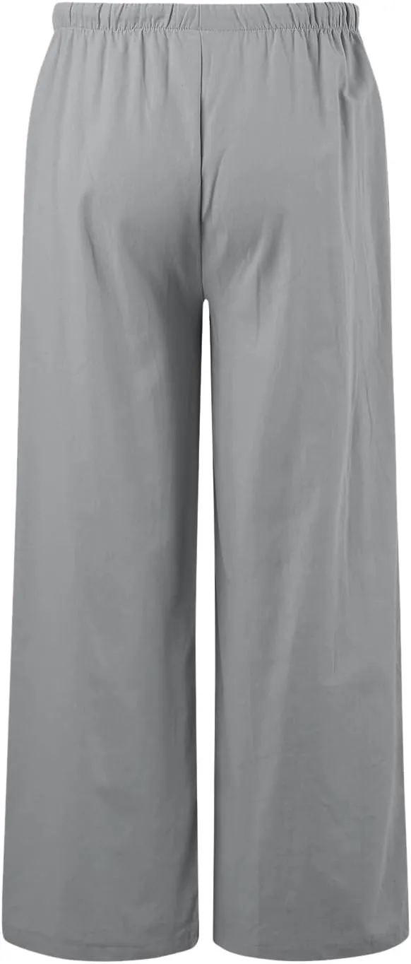 Wide Leg Linen Pants for Women Drawstring High Waisted Linen Palazzo Pants Flowy Comfy Lounge Pants with Pockets