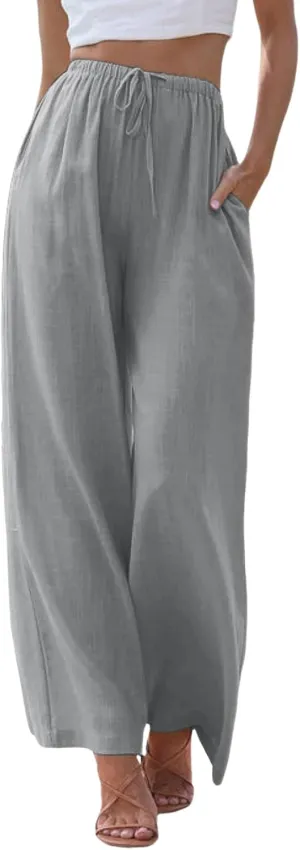 Wide Leg Linen Pants for Women Drawstring High Waisted Linen Palazzo Pants Flowy Comfy Lounge Pants with Pockets