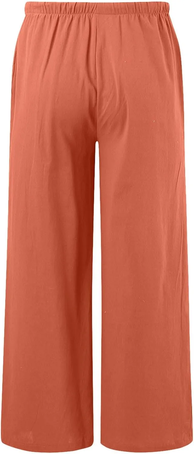Wide Leg Linen Pants for Women Drawstring High Waisted Linen Palazzo Pants Flowy Comfy Lounge Pants with Pockets