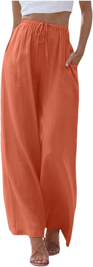 Wide Leg Linen Pants for Women Drawstring High Waisted Linen Palazzo Pants Flowy Comfy Lounge Pants with Pockets