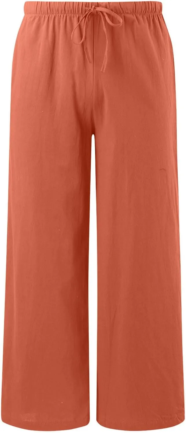 Wide Leg Linen Pants for Women Drawstring High Waisted Linen Palazzo Pants Flowy Comfy Lounge Pants with Pockets