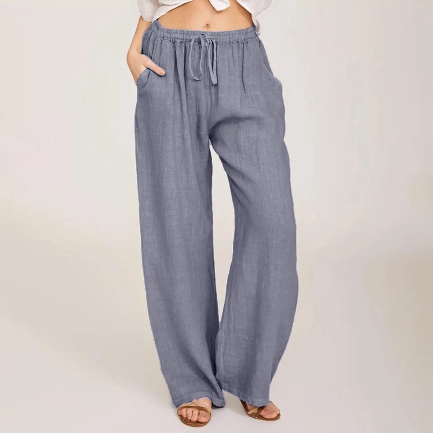 Wide Leg Linen Pants for Women Summer Casual Flowy Beach Pants Cotton Yoga Pants with Pockets Athletic Workout Pants