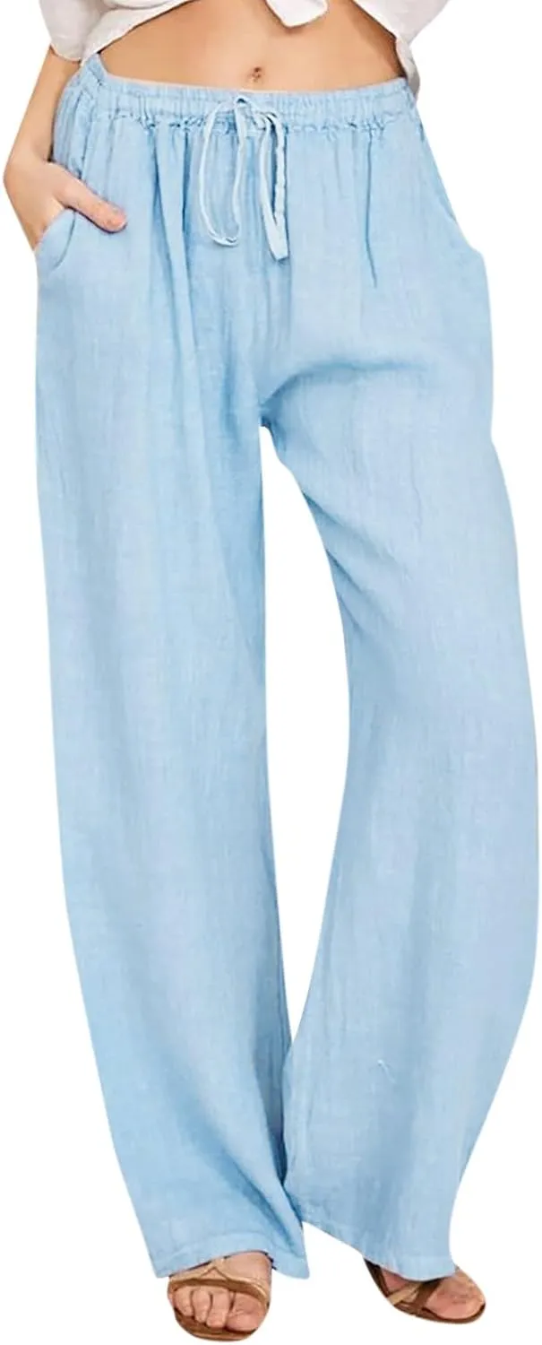Wide Leg Linen Pants for Women Summer Casual Flowy Beach Pants Cotton Yoga Pants with Pockets Athletic Workout Pants