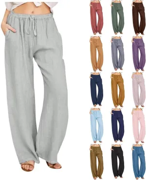 Wide Leg Linen Pants for Women Summer Casual Flowy Beach Pants Cotton Yoga Pants with Pockets Athletic Workout Pants