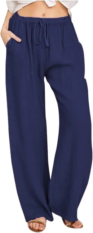Wide Leg Linen Pants for Women Summer Casual Flowy Beach Pants Cotton Yoga Pants with Pockets Athletic Workout Pants