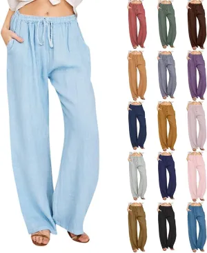 Wide Leg Linen Pants for Women Summer Casual Flowy Beach Pants Cotton Yoga Pants with Pockets Athletic Workout Pants