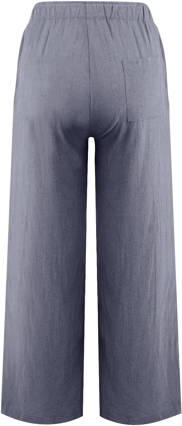 Wide Leg Linen Pants for Women Summer Casual Flowy Beach Pants Cotton Yoga Pants with Pockets Athletic Workout Pants