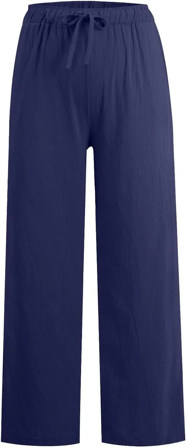 Wide Leg Linen Pants for Women Summer Casual Flowy Beach Pants Cotton Yoga Pants with Pockets Athletic Workout Pants