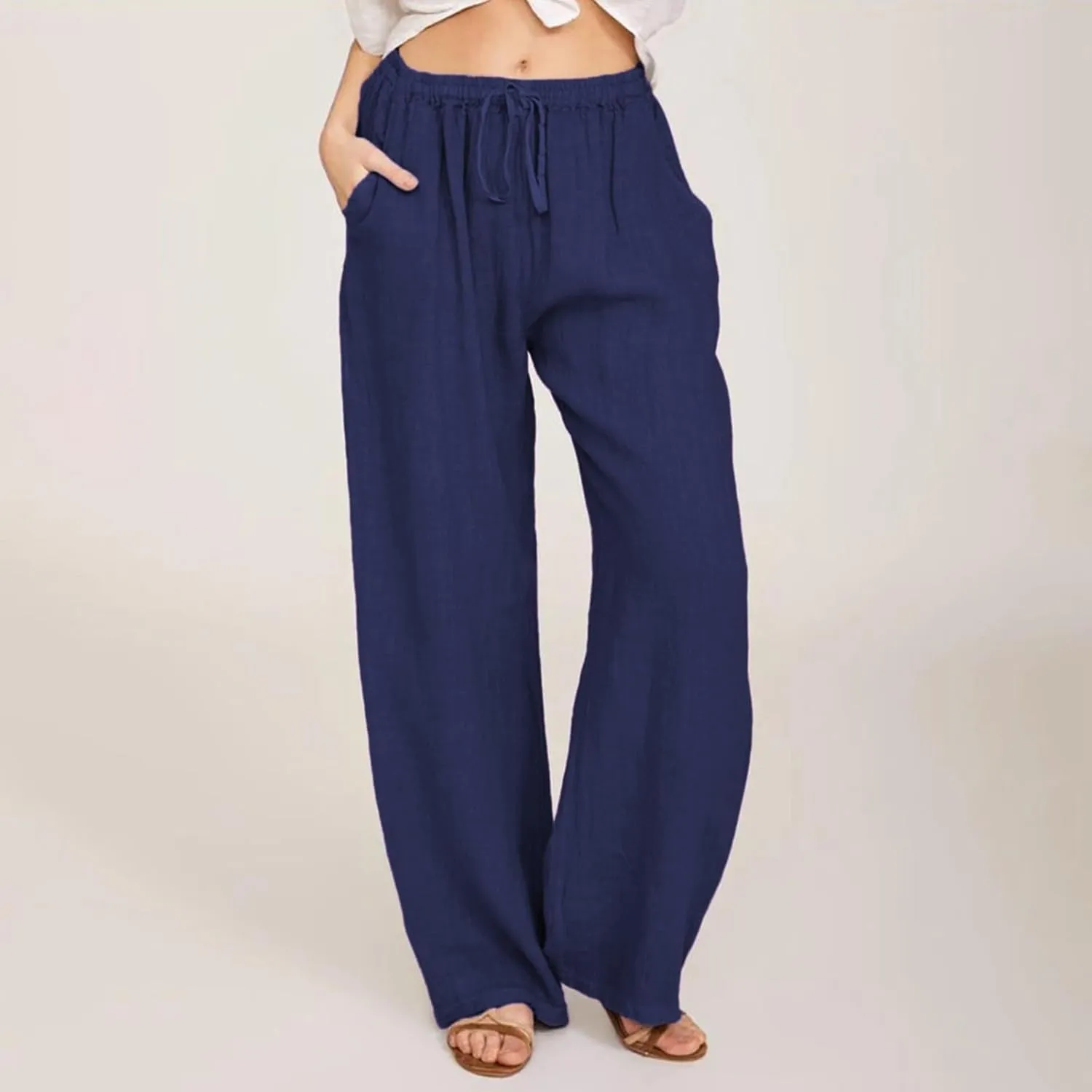 Wide Leg Linen Pants for Women Summer Casual Flowy Beach Pants Cotton Yoga Pants with Pockets Athletic Workout Pants