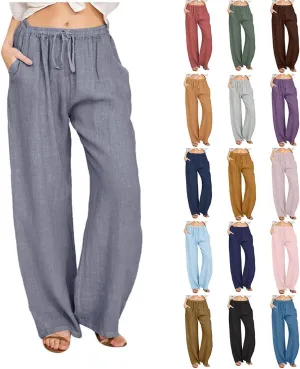 Wide Leg Linen Pants for Women Summer Casual Flowy Beach Pants Cotton Yoga Pants with Pockets Athletic Workout Pants