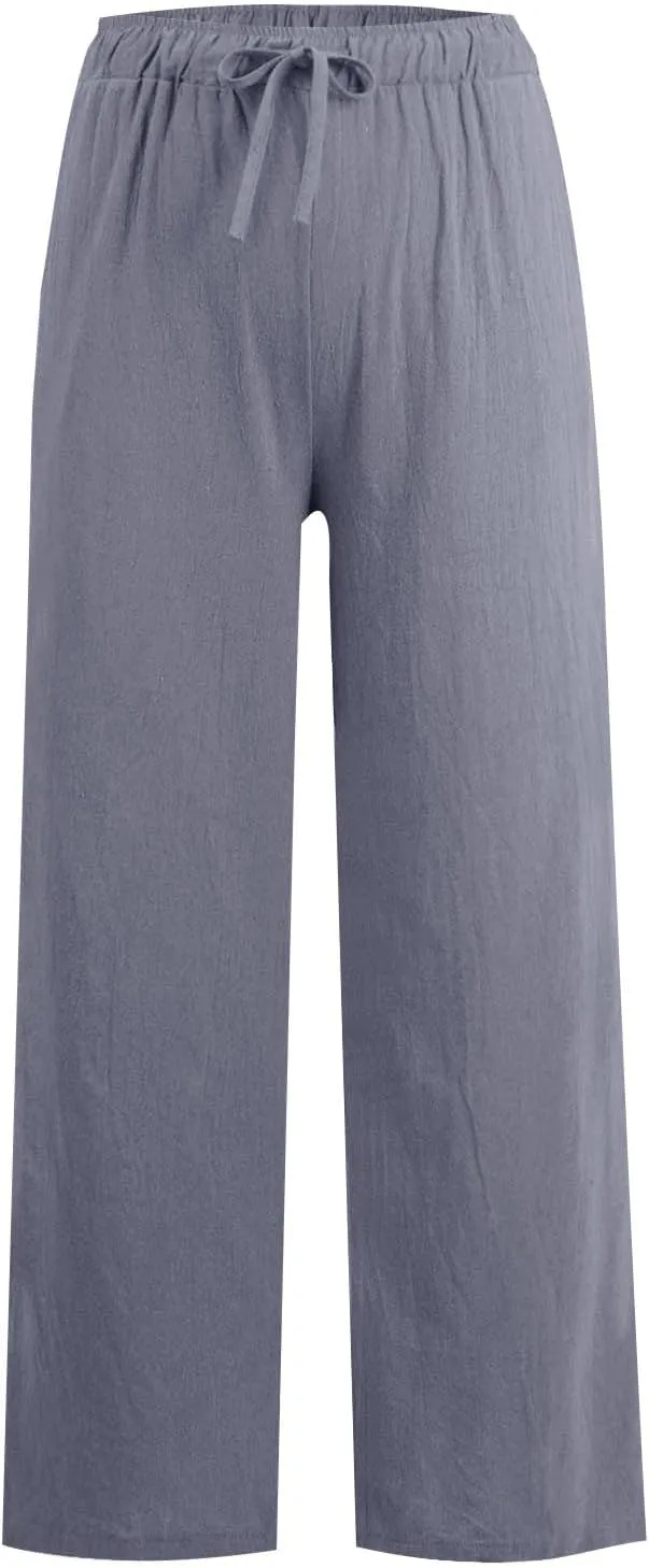 Wide Leg Linen Pants for Women Summer Casual Flowy Beach Pants Cotton Yoga Pants with Pockets Athletic Workout Pants