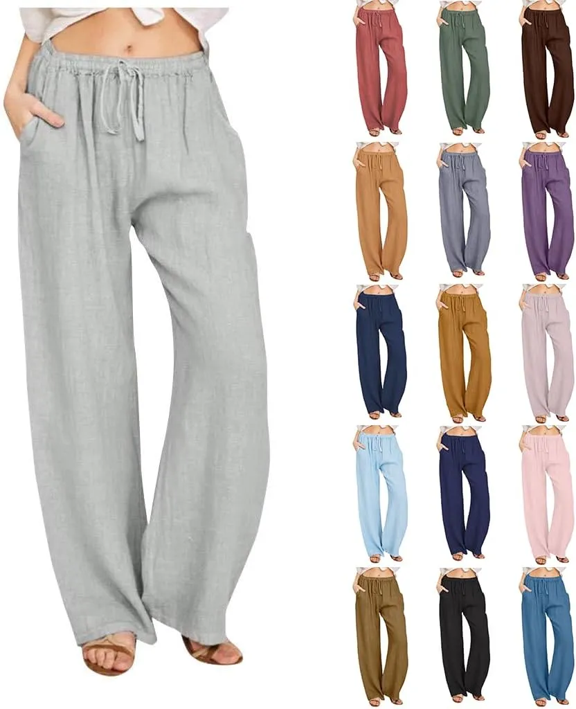 Wide Leg Linen Pants for Women Summer Casual Flowy Beach Pants Cotton Yoga Pants with Pockets Athletic Workout Pants