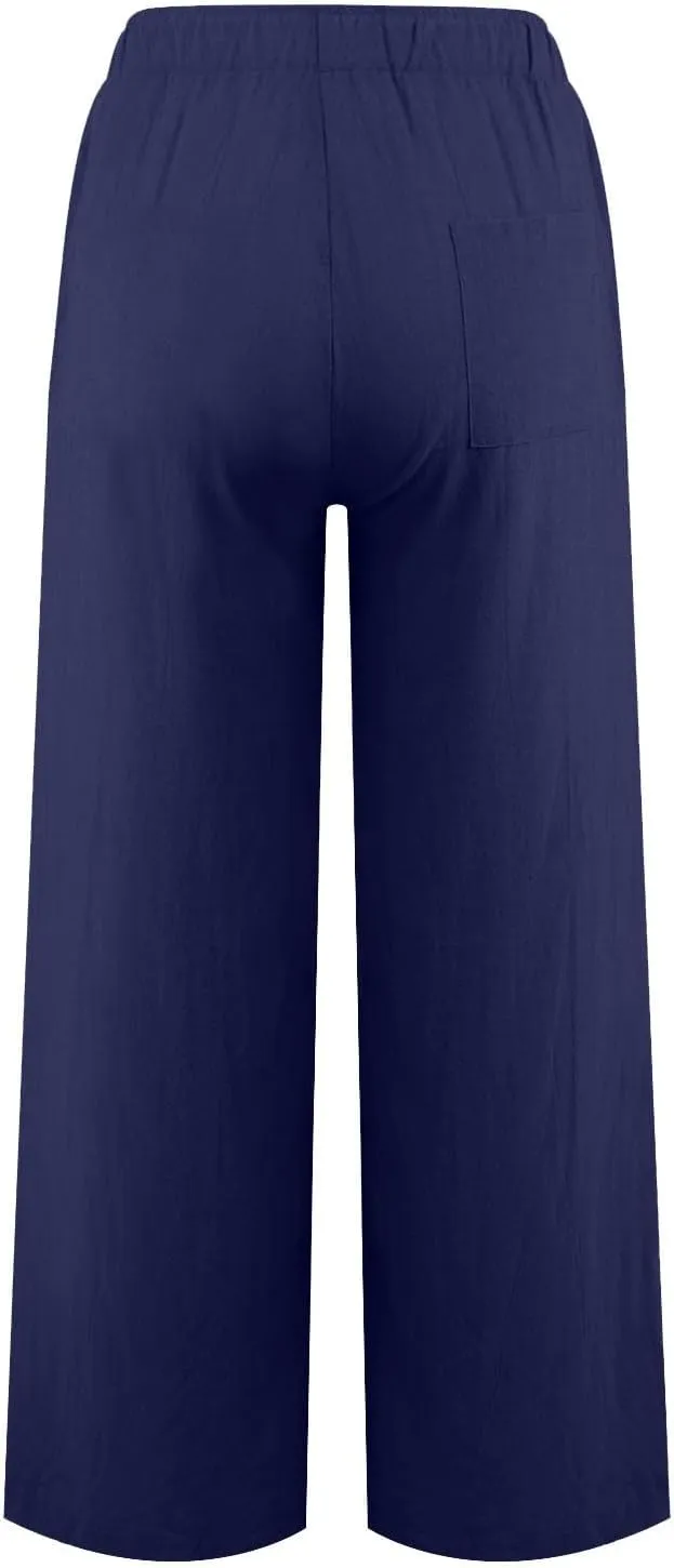 Wide Leg Linen Pants for Women Summer Casual Flowy Beach Pants Cotton Yoga Pants with Pockets Athletic Workout Pants