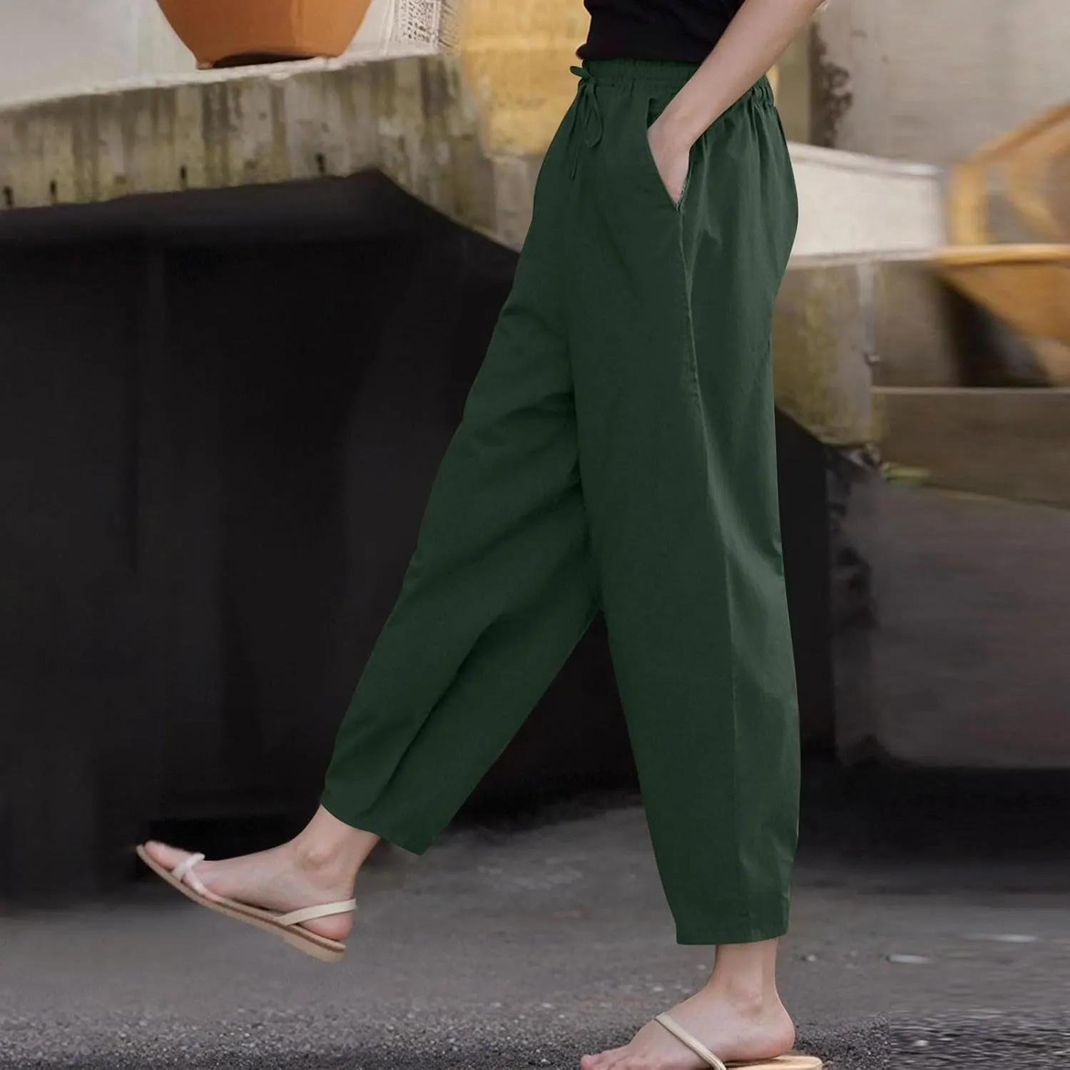Wide Leg Linen Pants Women Baggy Lounge High Waist Summer Pants Casual Comfy Boho Beach Cotton Trousers with Pockets