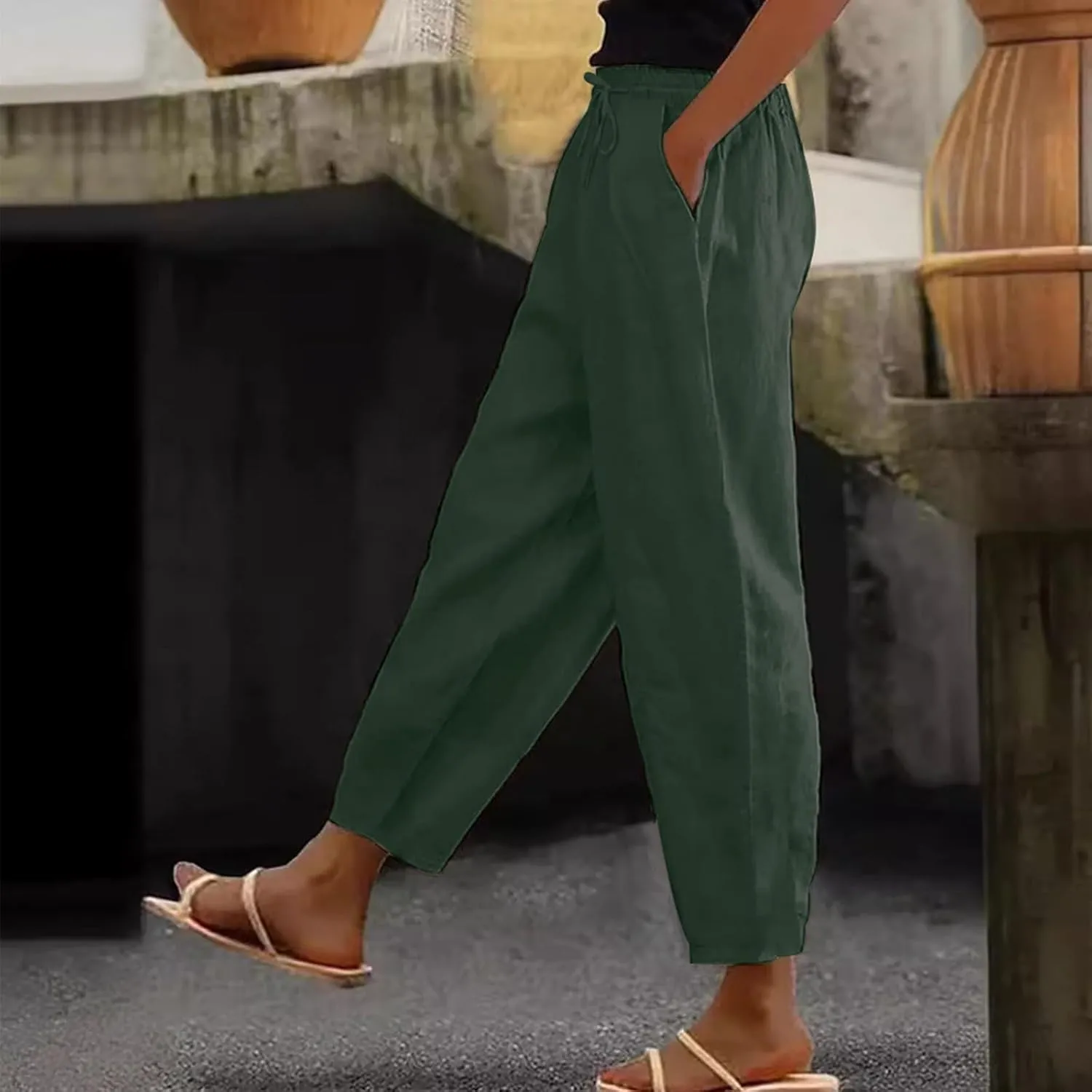 Wide Leg Linen Pants Women Baggy Lounge High Waist Summer Pants Casual Comfy Boho Beach Cotton Trousers with Pockets