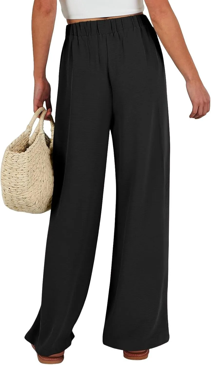 Wide Leg Linen Pants Women High Waisted Drawstring Palazzo Pants with Pockets Casual Flowy Loose Fit Beach Trousers