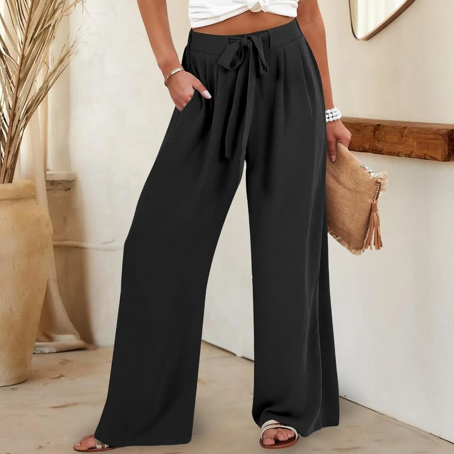 Wide Leg Linen Pants Women High Waisted Drawstring Palazzo Pants with Pockets Casual Flowy Loose Fit Beach Trousers
