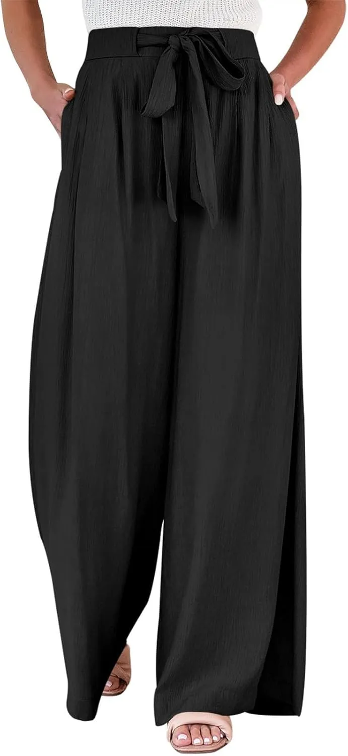 Wide Leg Linen Pants Women High Waisted Drawstring Palazzo Pants with Pockets Casual Flowy Loose Fit Beach Trousers