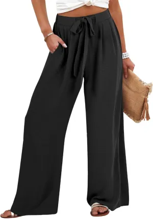 Wide Leg Linen Pants Women High Waisted Drawstring Palazzo Pants with Pockets Casual Flowy Loose Fit Beach Trousers
