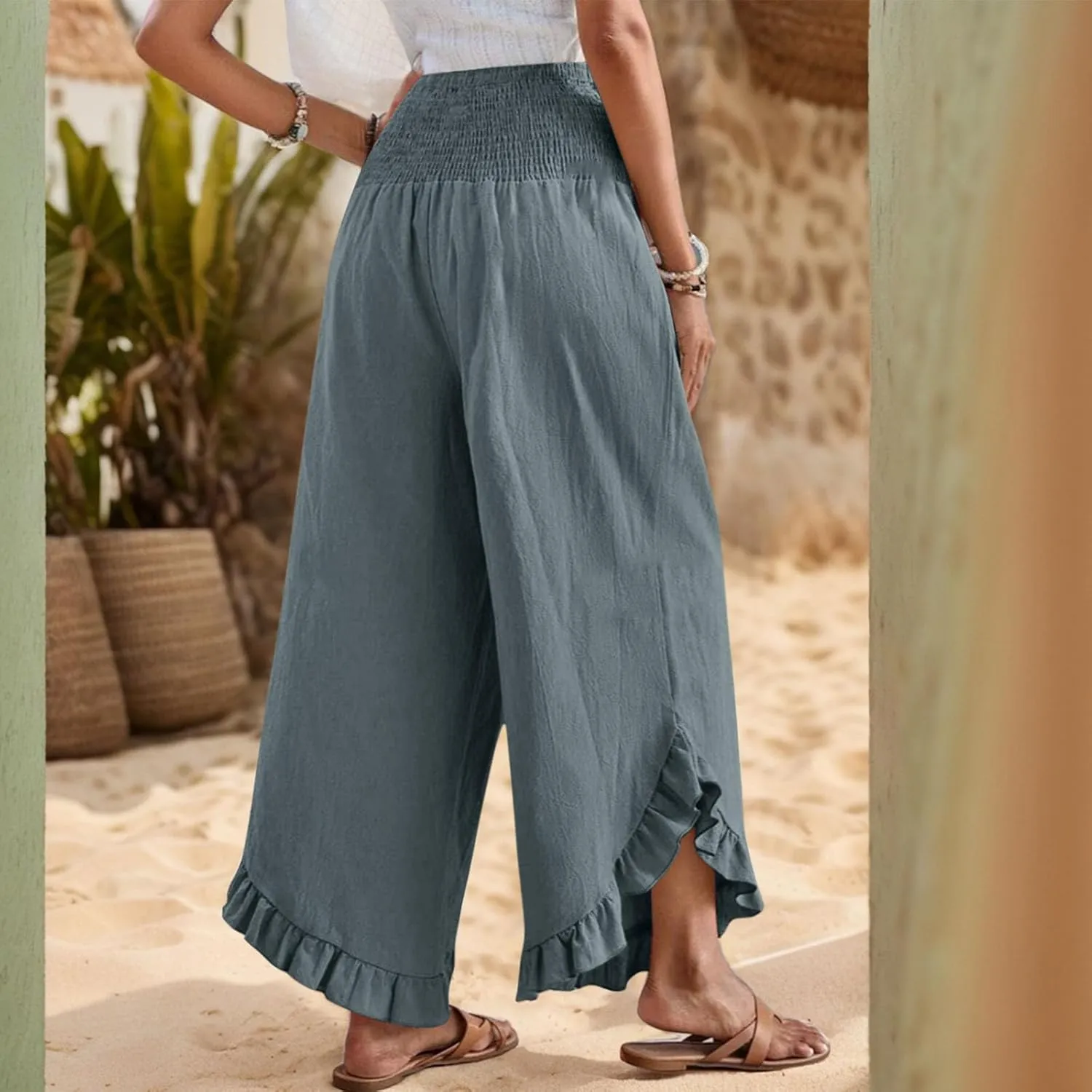 Wide Leg Pants Woman Casual Summer Smocked High Waisted Linen Pants Flowy Ruffle Hem Palazzo Pants with Pockets