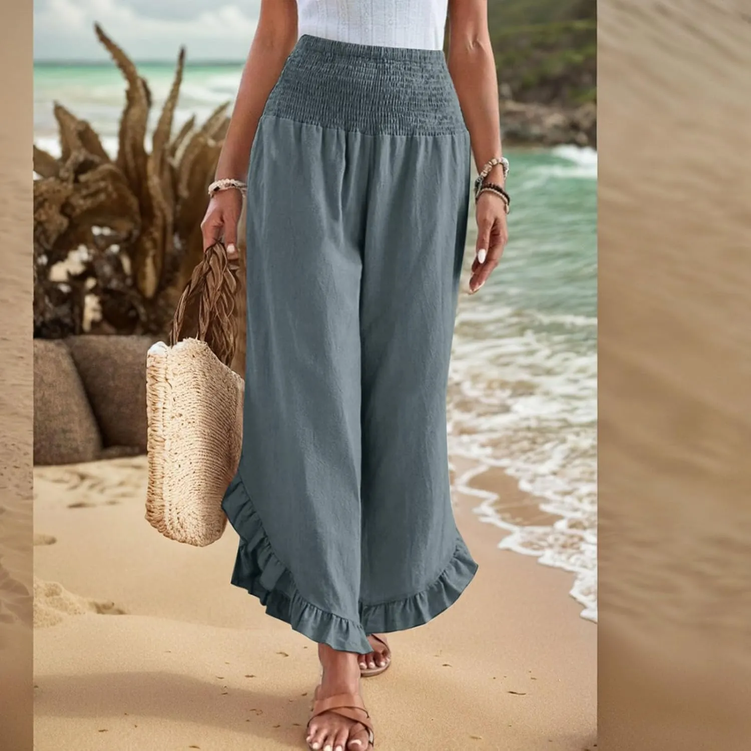 Wide Leg Pants Woman Casual Summer Smocked High Waisted Linen Pants Flowy Ruffle Hem Palazzo Pants with Pockets