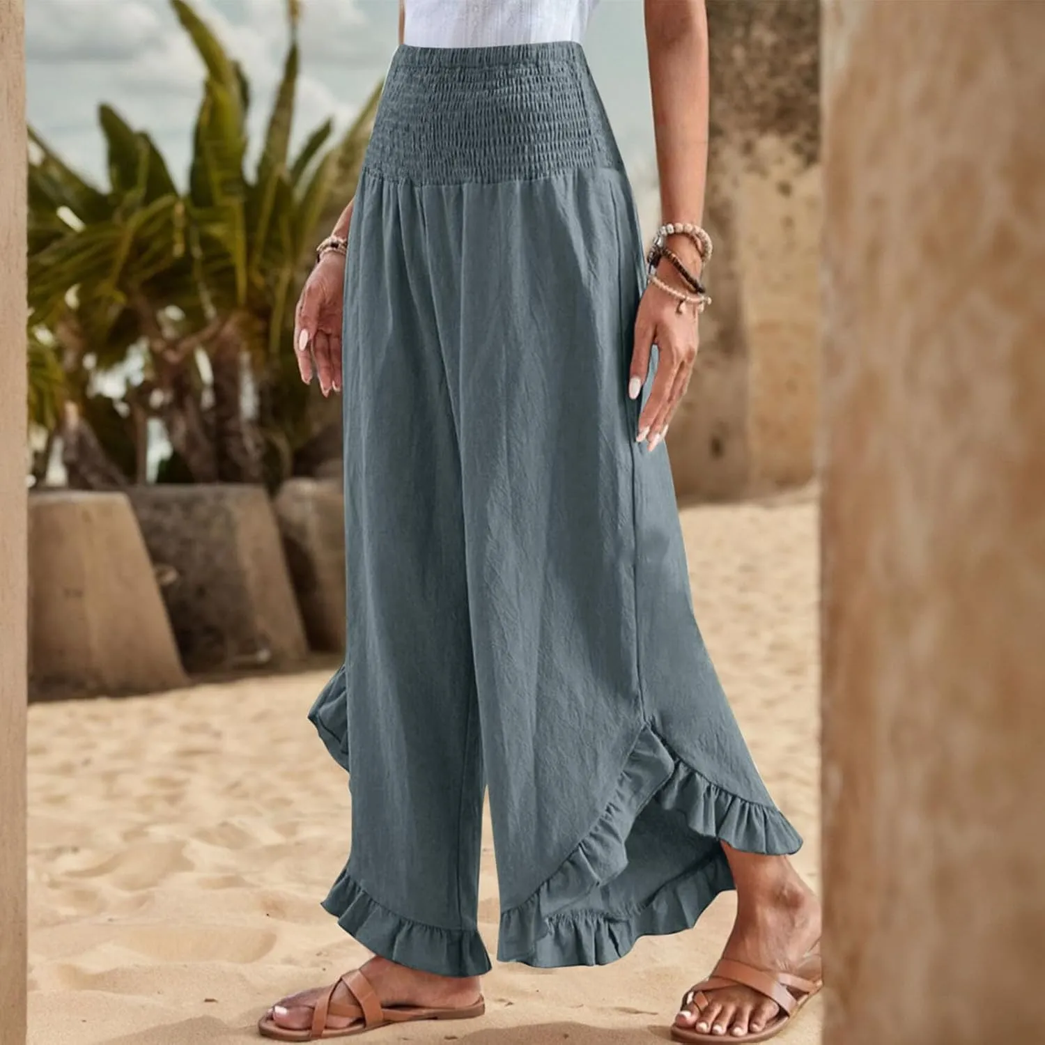 Wide Leg Pants Woman Casual Summer Smocked High Waisted Linen Pants Flowy Ruffle Hem Palazzo Pants with Pockets