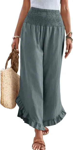 Wide Leg Pants Woman Casual Summer Smocked High Waisted Linen Pants Flowy Ruffle Hem Palazzo Pants with Pockets