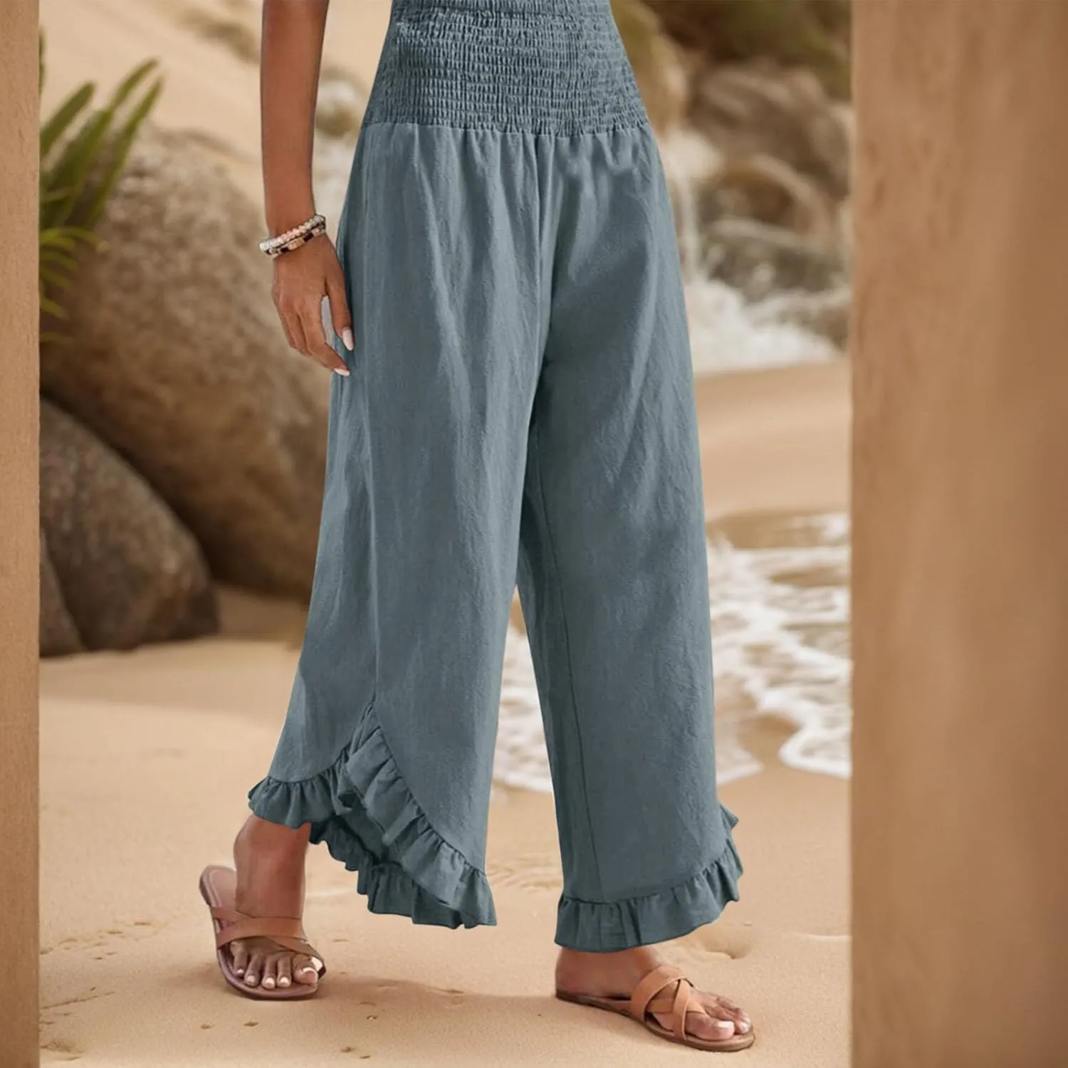 Wide Leg Pants Woman Casual Summer Smocked High Waisted Linen Pants Flowy Ruffle Hem Palazzo Pants with Pockets