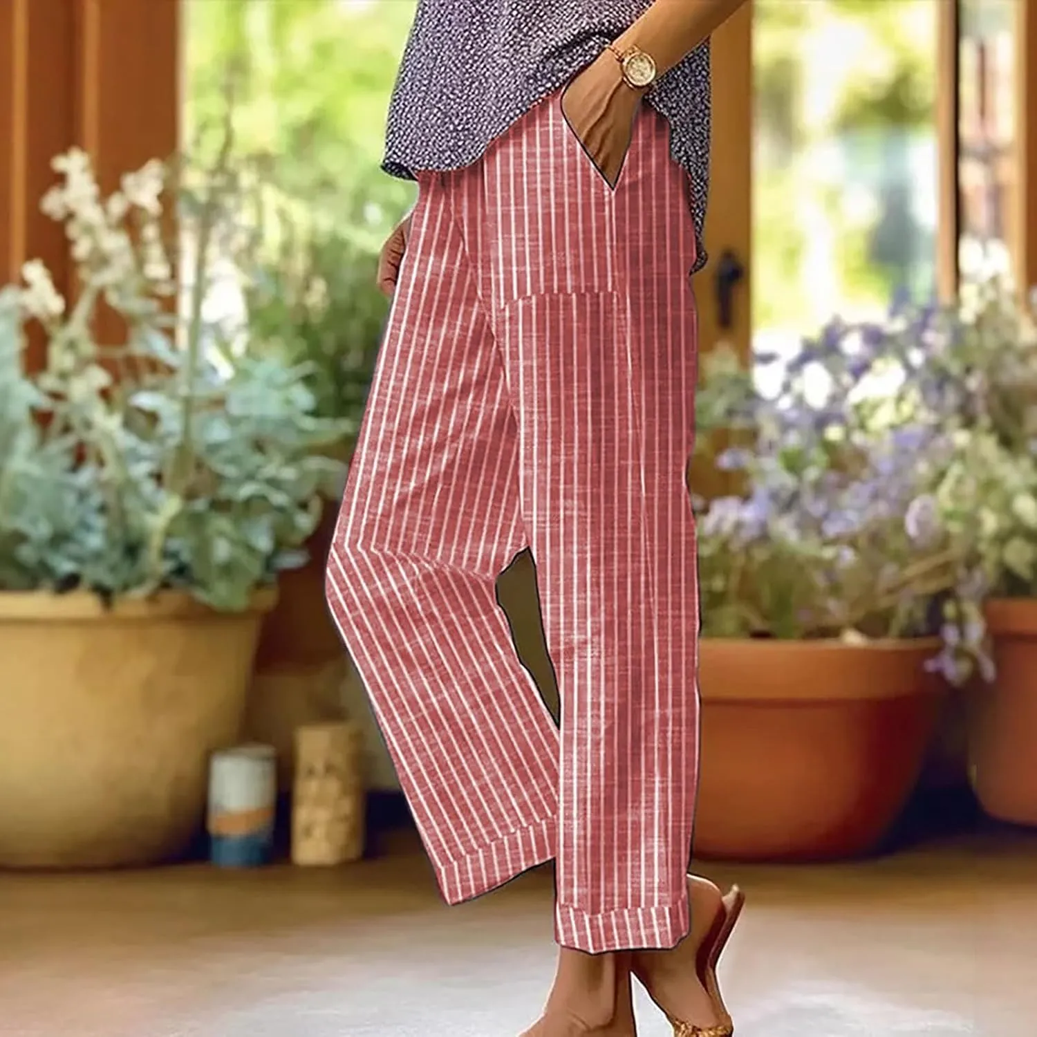 Wide Leg Trousers Women for Summer Vocation Trendy Striped High Waist Straight Leg Palazzo Trouser Jogger Pants Pockets