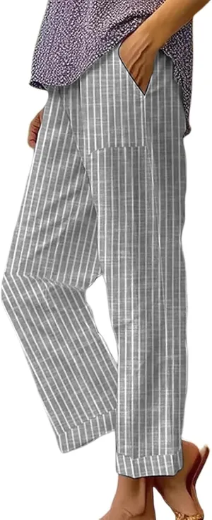 Wide Leg Trousers Women for Summer Vocation Trendy Striped High Waist Straight Leg Palazzo Trouser Jogger Pants Pockets
