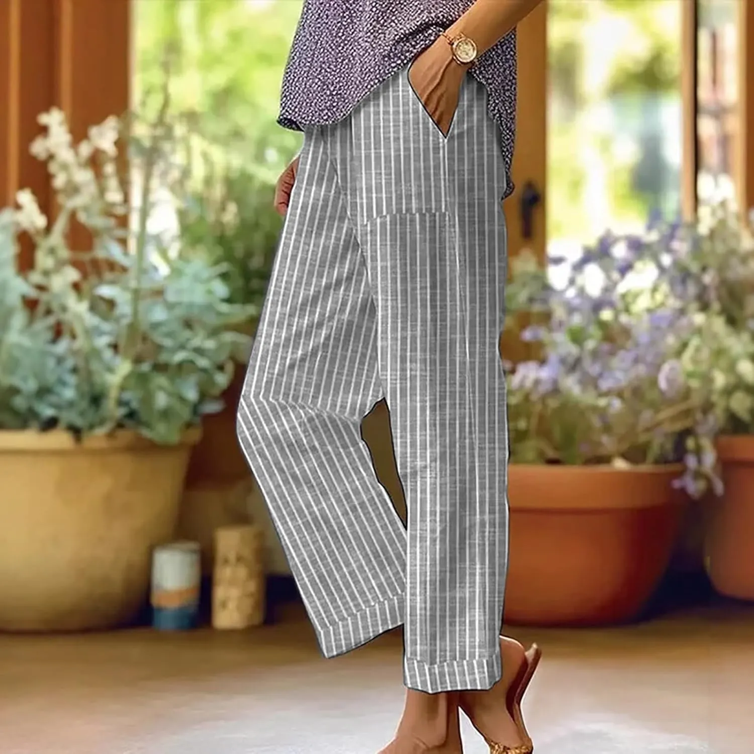Wide Leg Trousers Women for Summer Vocation Trendy Striped High Waist Straight Leg Palazzo Trouser Jogger Pants Pockets