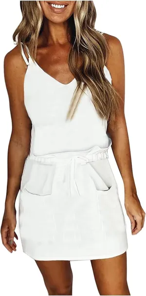 Women 2025 Summer Casual Sleeveless Dresses Spaghetti Strap V-Neck Dress Party Beach Sundress with Pocket