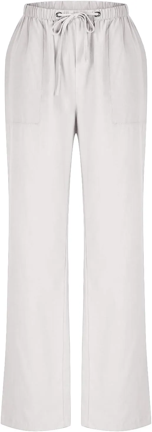 Women Casual Linen Pants Elastic Waist Drawstring Summer Long Fit Linen Beach Pants Lightweight Trousers with Pockets