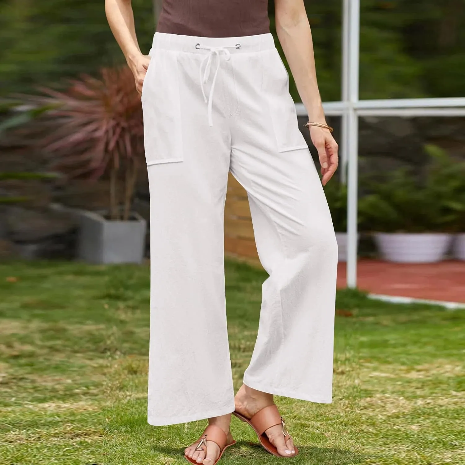 Women Casual Linen Pants Elastic Waist Drawstring Summer Long Fit Linen Beach Pants Lightweight Trousers with Pockets