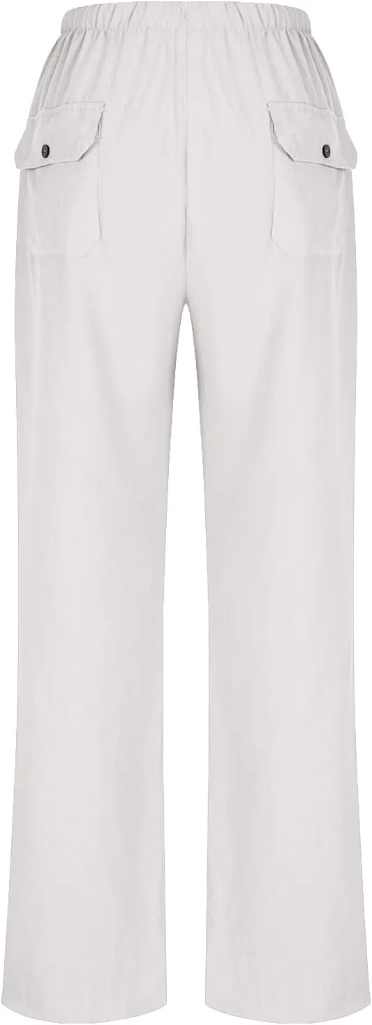 Women Casual Linen Pants Elastic Waist Drawstring Summer Long Fit Linen Beach Pants Lightweight Trousers with Pockets