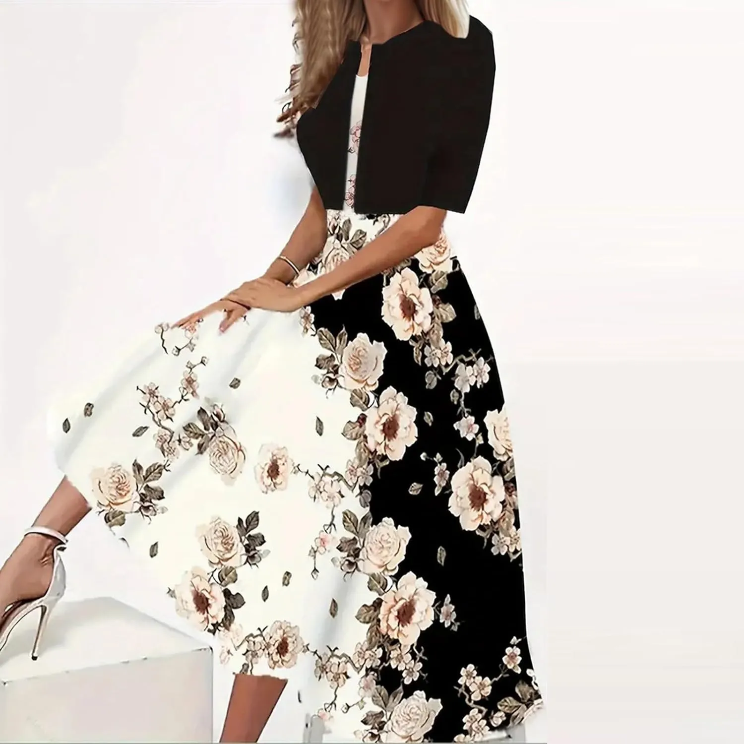 Women Casual Loose Sundress 2 Piece Set Floral Short Sleeve A-Line Midi Dress and Short Sleeve Top Flowy Dress Beach