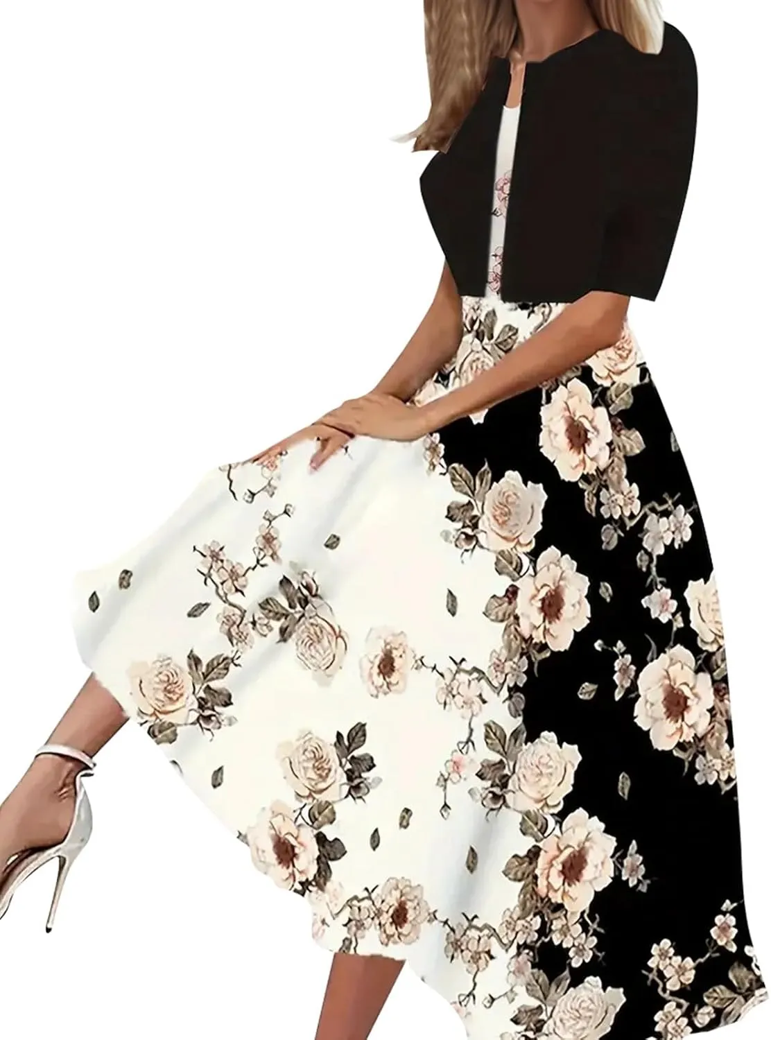 Women Casual Loose Sundress 2 Piece Set Floral Short Sleeve A-Line Midi Dress and Short Sleeve Top Flowy Dress Beach