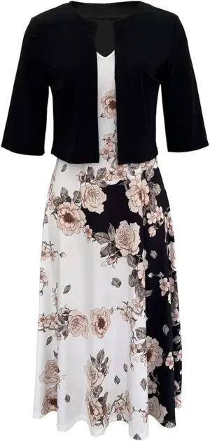 Women Casual Loose Sundress 2 Piece Set Floral Short Sleeve A-Line Midi Dress and Short Sleeve Top Flowy Dress Beach