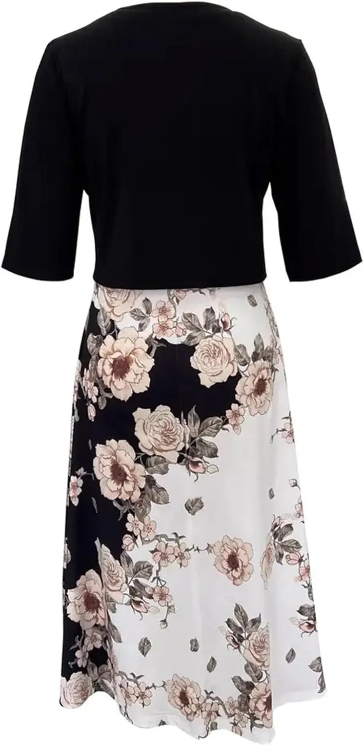 Women Casual Loose Sundress 2 Piece Set Floral Short Sleeve A-Line Midi Dress and Short Sleeve Top Flowy Dress Beach