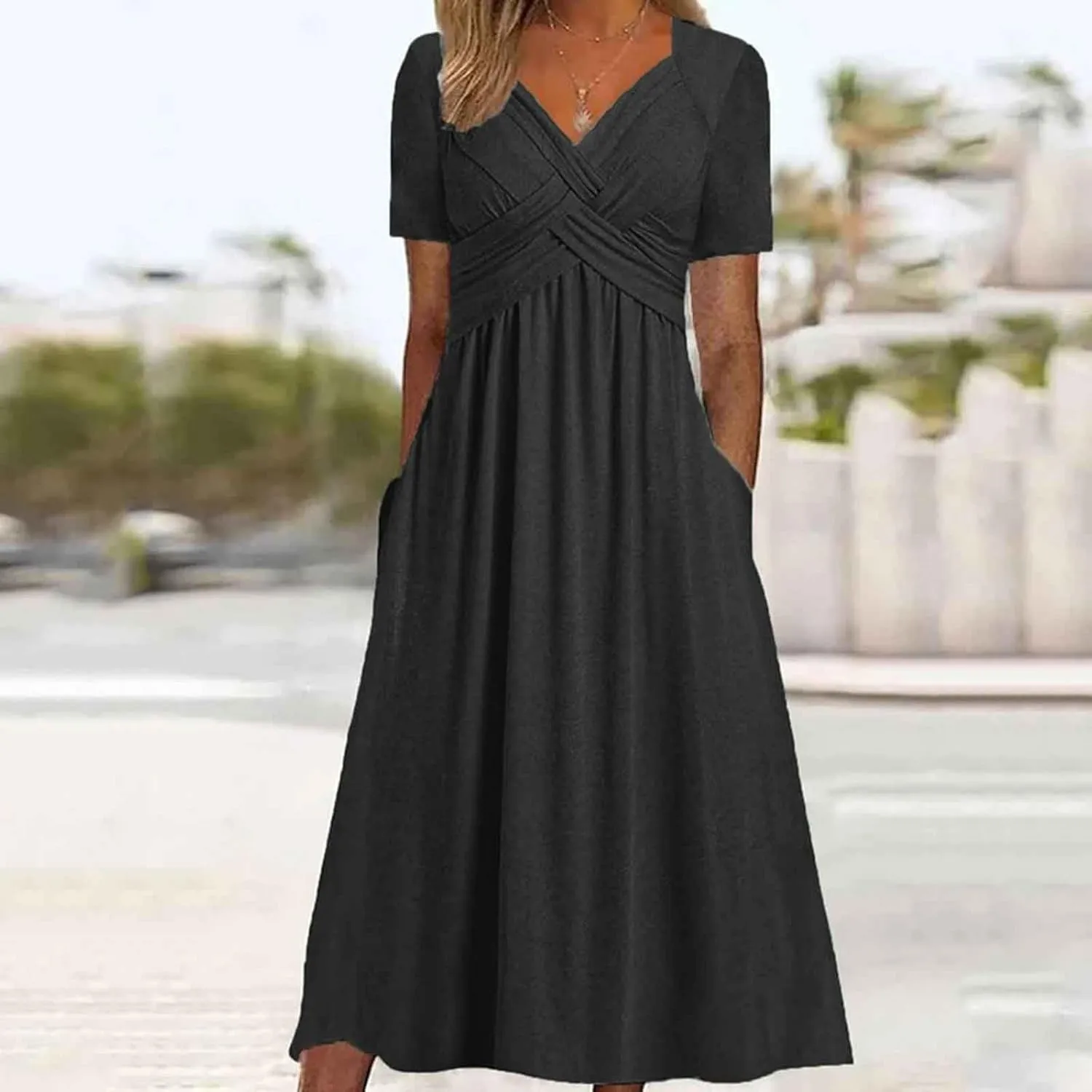 Women Casual Summer Dresses Elegant Short Sleeve Pleated A Line Dresses for Women 2025 Swing Party Travel Vacation Outfits