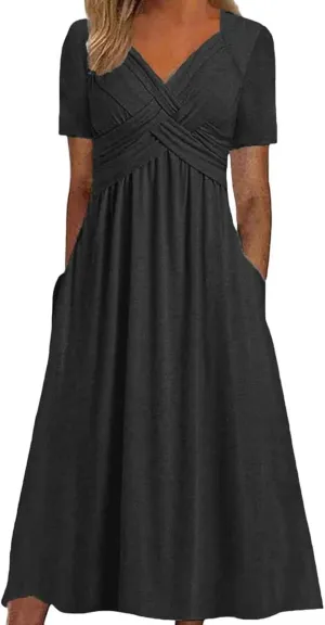 Women Casual Summer Dresses Elegant Short Sleeve Pleated A Line Dresses for Women 2025 Swing Party Travel Vacation Outfits