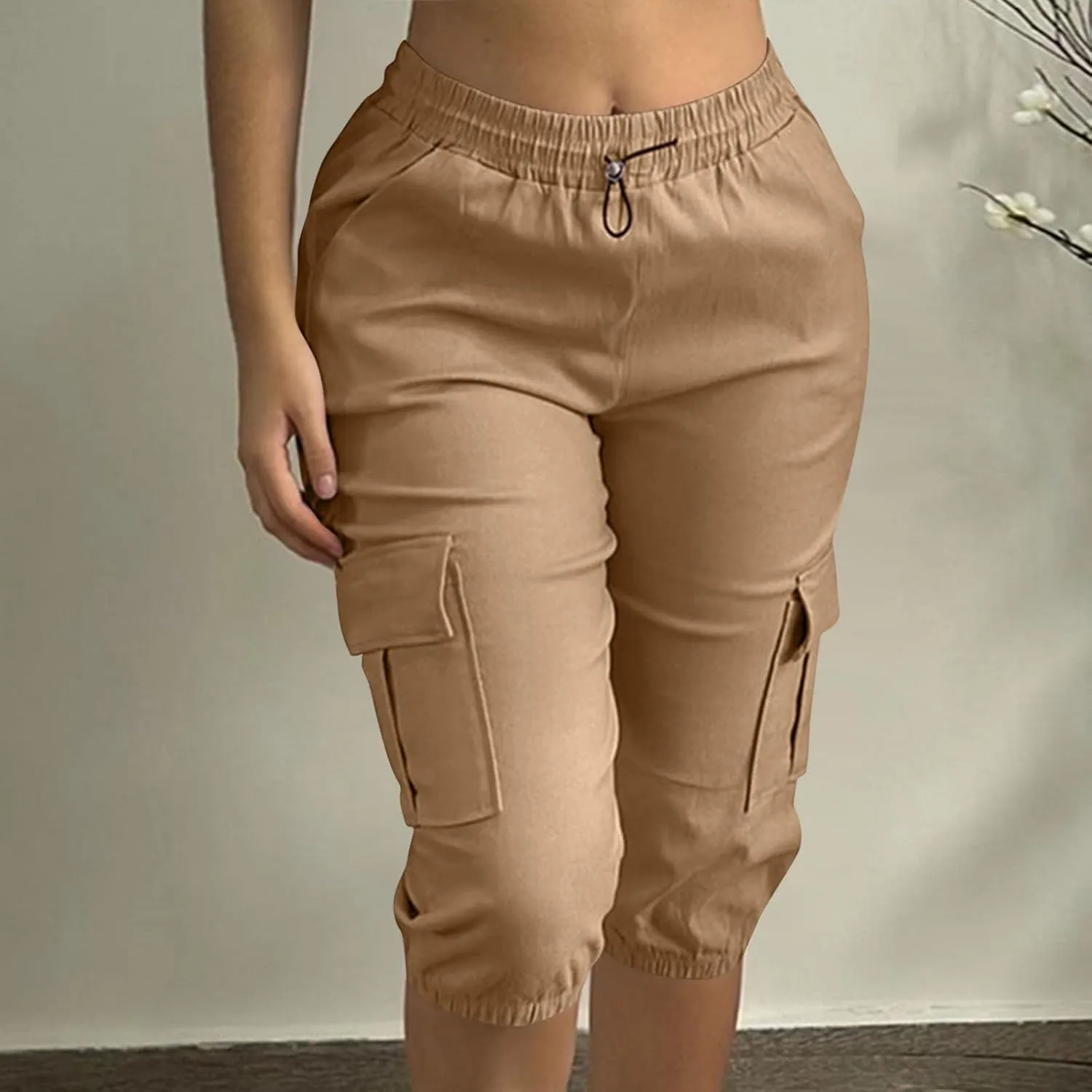 Women Cinch Bottom Cargo Shorts High Waisted Bermuda Shorts Summer Casual Baggy Twill Knee-Length Pants with Pockets