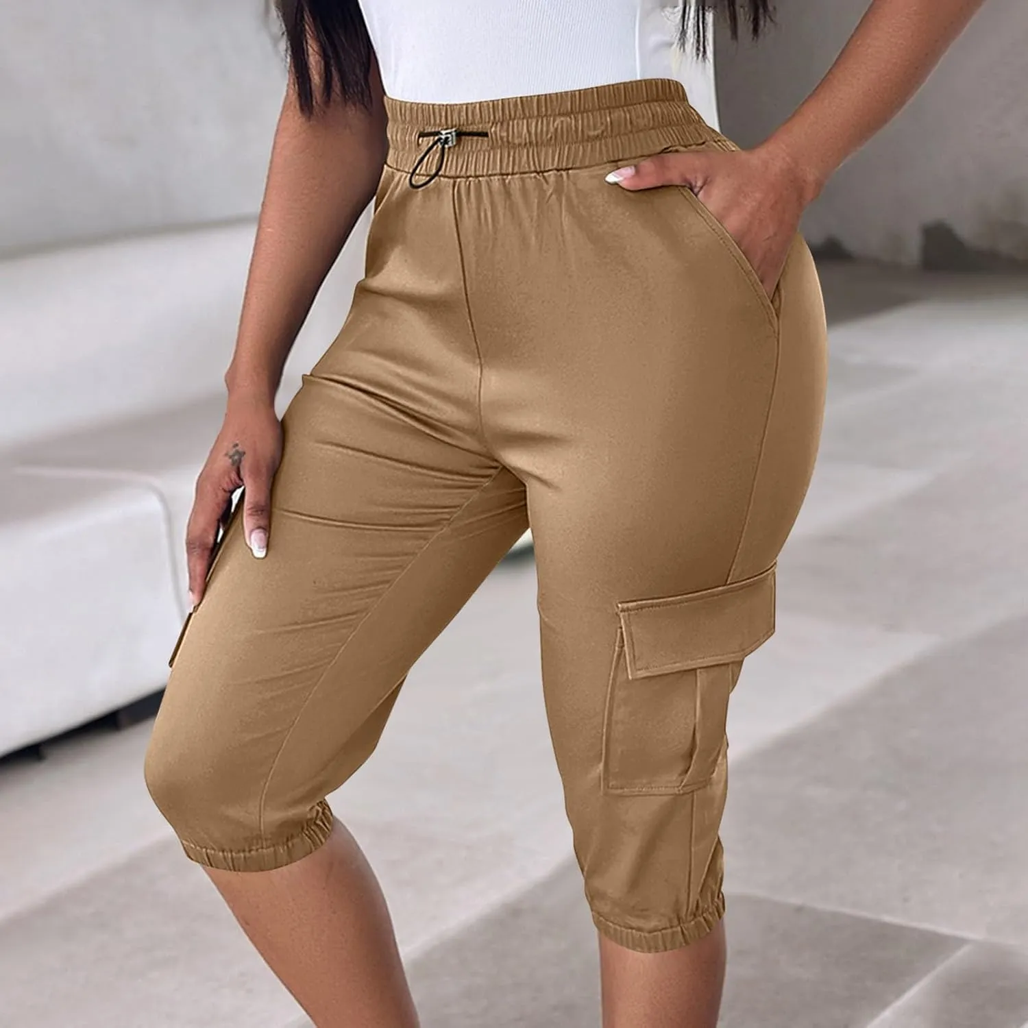 Women Cinch Bottom Cargo Shorts High Waisted Bermuda Shorts Summer Casual Baggy Twill Knee-Length Pants with Pockets