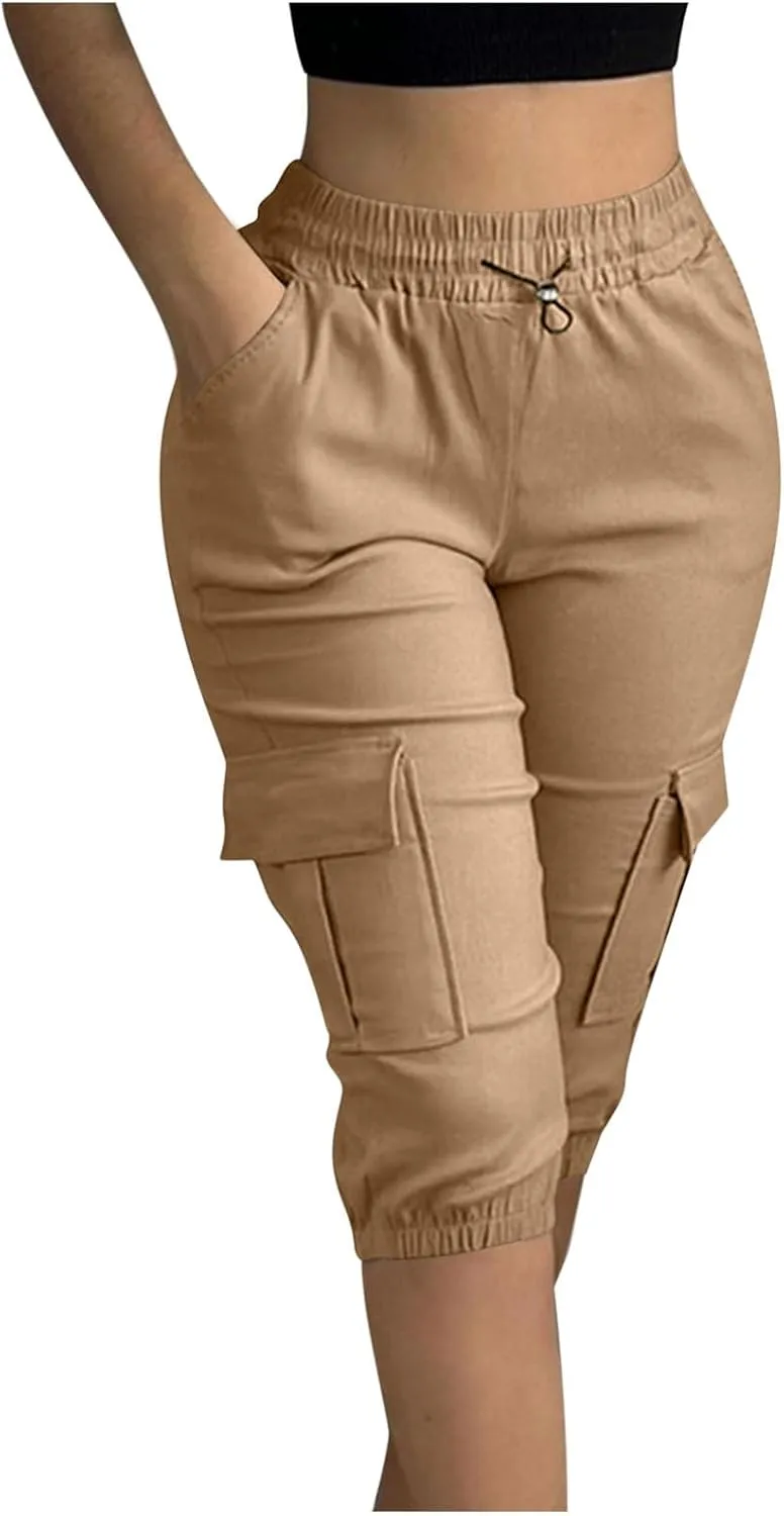 Women Cinch Bottom Cargo Shorts High Waisted Bermuda Shorts Summer Casual Baggy Twill Knee-Length Pants with Pockets